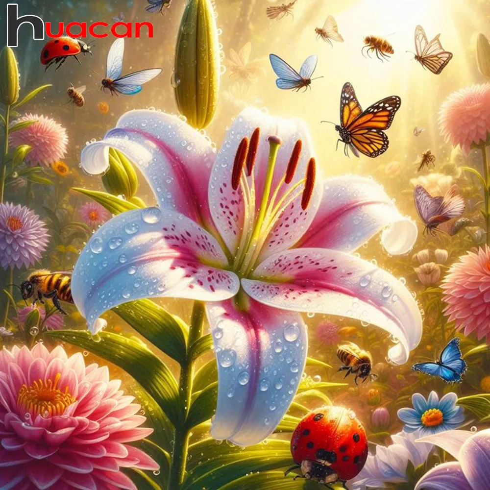 Huacan Diamantgemälde, Lilie, Schmetterling, Diamantmosaik, Blume, neue Kollektion 2025, Bild von Strasssteinen