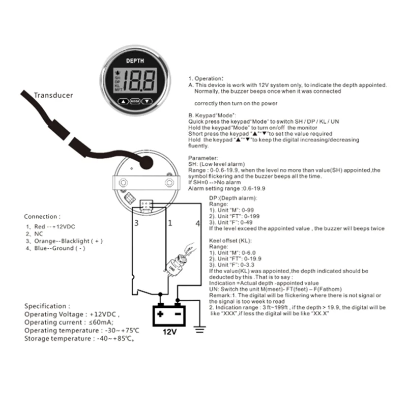 A30P-Marine 52Mm Digital Depth Gauge Indicator With Transducer And White Backlight For Yachts Fishing Boats Universal 12V