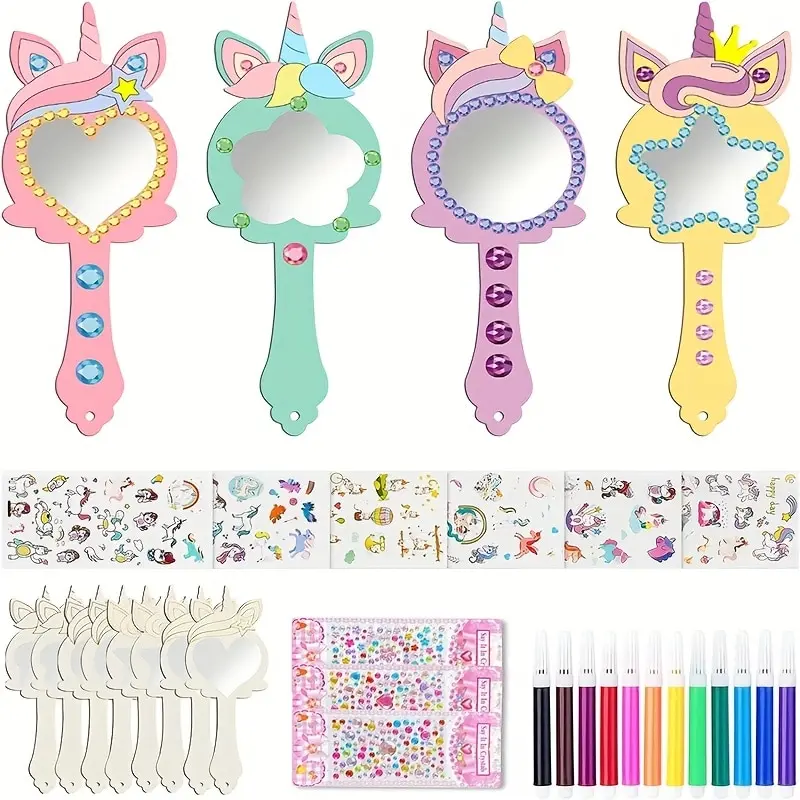 12pcs Wooden Mirror Craft Kids Decorate Mirrors Girls DIY Paint Wooden Hand Mirror for Mother's Day Art Activities Birthday Gift