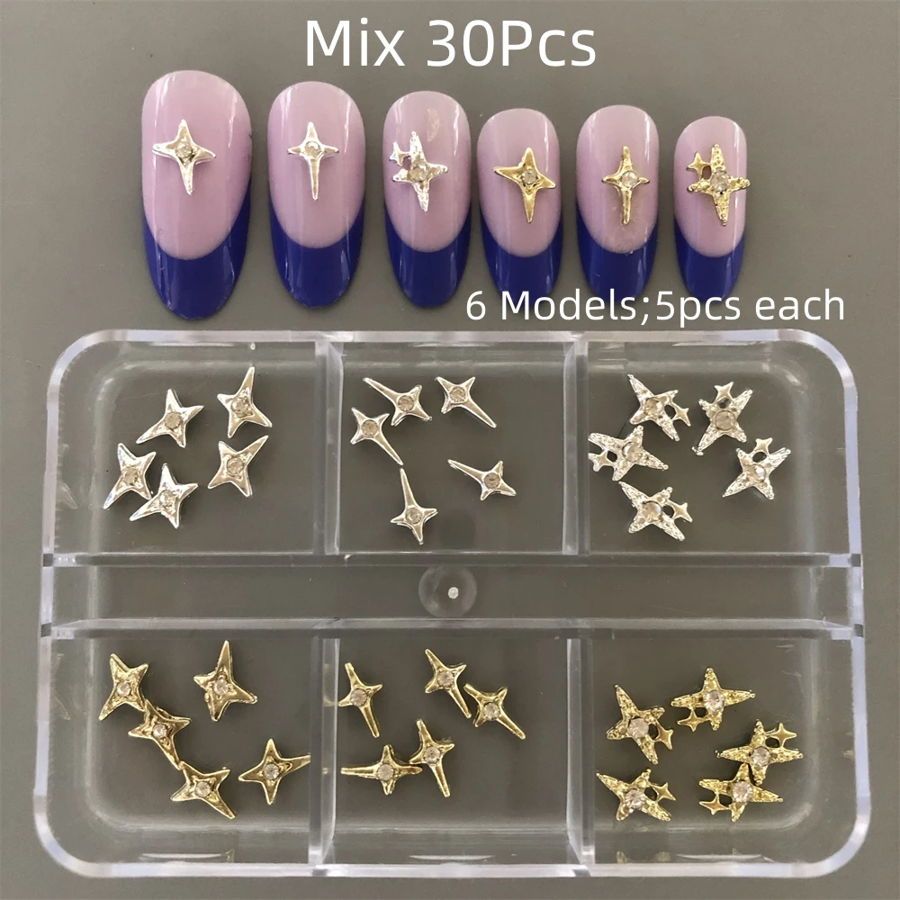 30/60Pcs Star Nail Art Charms Alloy Accessories 3D Star Light Cross Diamond Metal Hollow Out Pentagram With Rhinestone Ornament