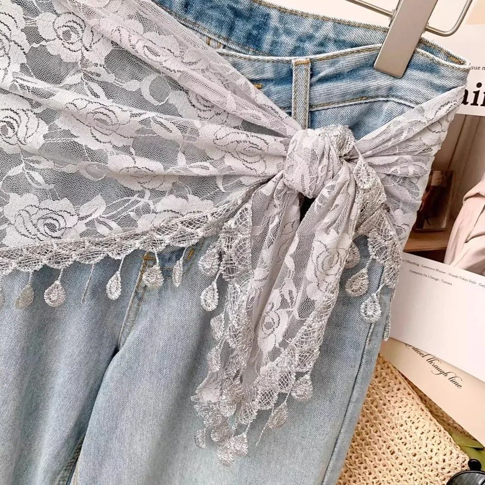 Versatile Sheer Mesh Hip Scarf Tassel Fringe Floral Print Boho Bandana Triangle Waist Belt Scarf For Women
