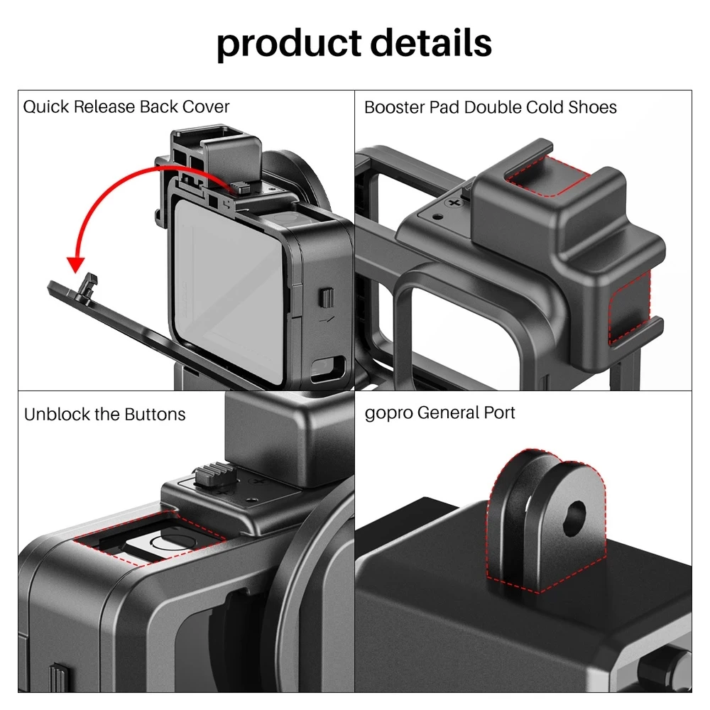 Ulanzi G9-4 GoPro 10 9พลาสติกกล้องสำหรับ GoPro Hero 9สีดำกรณี Mic และเติมแสงเย็นรองเท้า Vlog อุปกรณ์เสริม