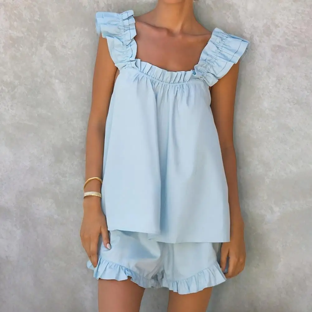 ชุดนอนสตรีชุด 2 ชิ้น Ruffle Trim Tank Top และกางเกงขาสั้นชุดนอนฤดูร้อน Cami Lounge ชุด