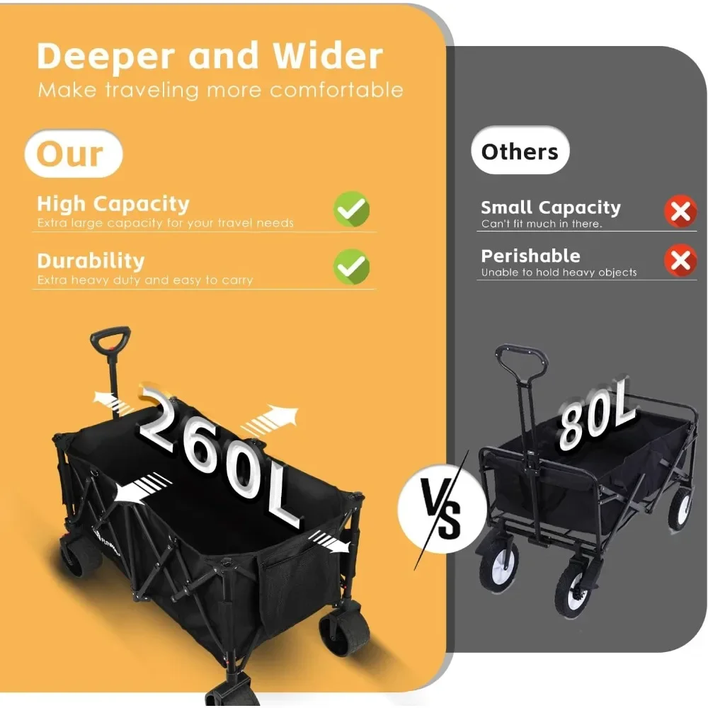 Garden Camping Carts Brake and Drink Holders for Camping Sports Collapsible Wagon Carts Push Cart Handcart Black