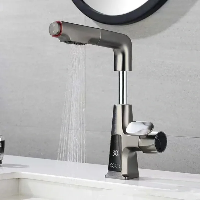 Grifo de lavabo de latón con pantalla Digital, mezclador de agua fría y caliente, extraíble, para baño y cocina