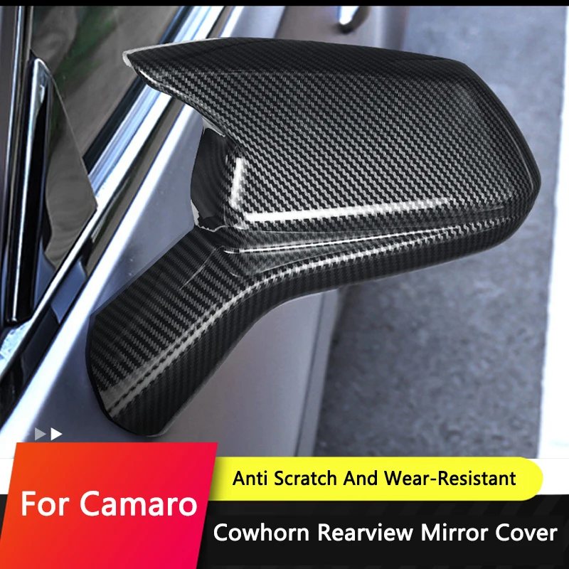 QHCP Car Exterior Cowhorn Rearview Mirror Cover Carbon Fiber Pattern Protective Shell Modified Auto Fitting For Chevrolet Camaro