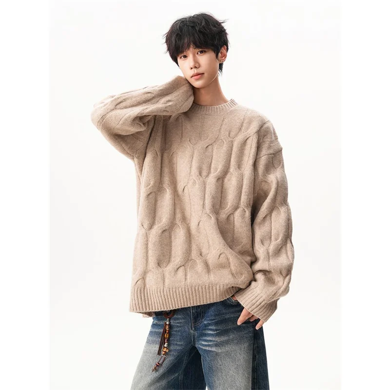 

American Sle Knitted Sweater round Ne Loose Women's Twist Sweater Heavyweight Lazy Sle Couple's High Street Trend Brand