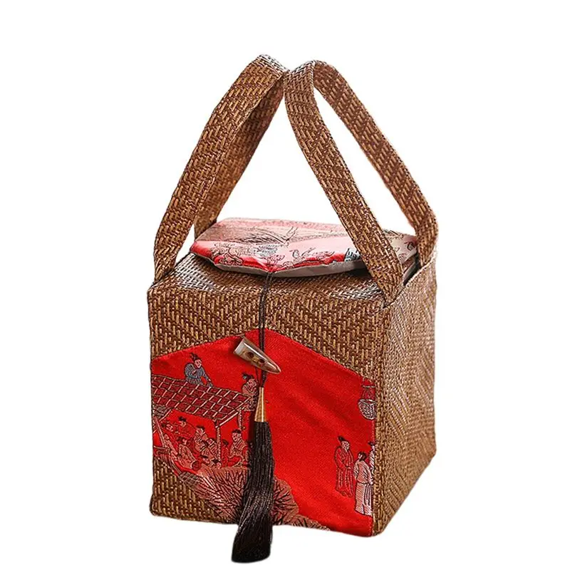 ABWR-Rattan Fabric Teapot Storage Bag Tea Pot Tea Cozies Cloth Gift Box Empty Bag With Tassels Chinese Style Storage