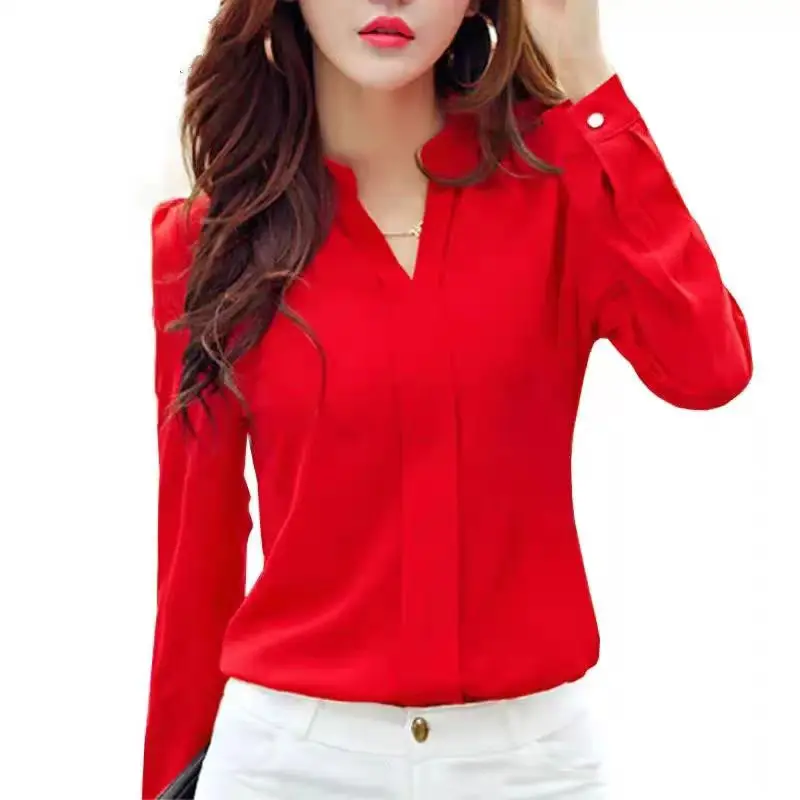 Long Sleeve Shirt Women Spring Clothing Fashion Slim Chiffon Blouse V Neck Korear Elegant Ladies Office Shirts White Red Trend