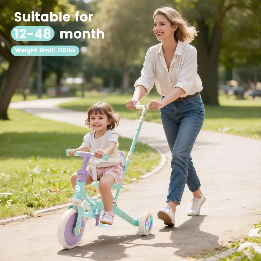 รถสามล้อเด็ก 5-in-1 สำหรับเด็กวัย 1-3 ปี แปลงเป็นจักรยานเด็กพร้อมที่จับสำหรับเข็นและถอดแป้นเหยียบได้ จักรยานทรงตัวพร้อมไฟหลากสี