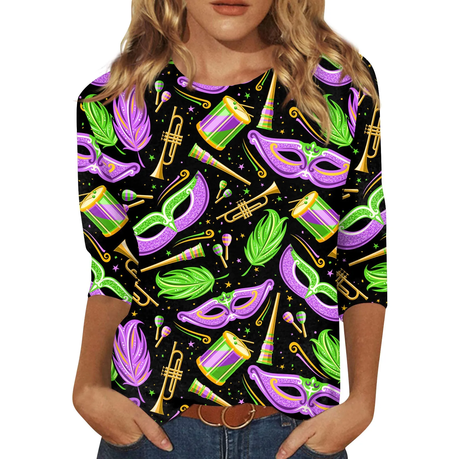 Women Three Quarter Sleeves T-Shirt Carnival Theme Print Graphic Tees Blouses Daily Basic All-Match Plus Size Round Neck T-Shirt