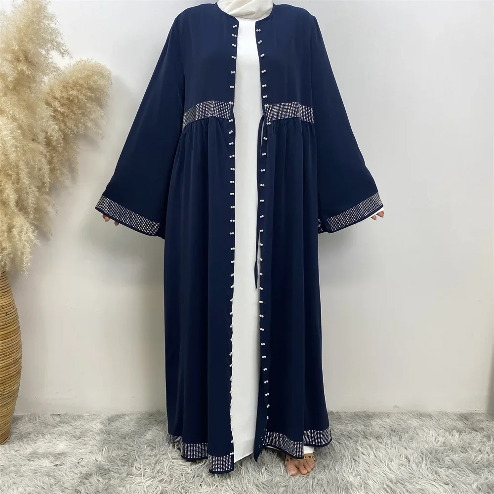 Abaya-Cardigan kimono ouvert avec perles pour femmes musulmanes, vêtements islamiques, robe arabe Jalabiya Eid Ramadan Kaftan