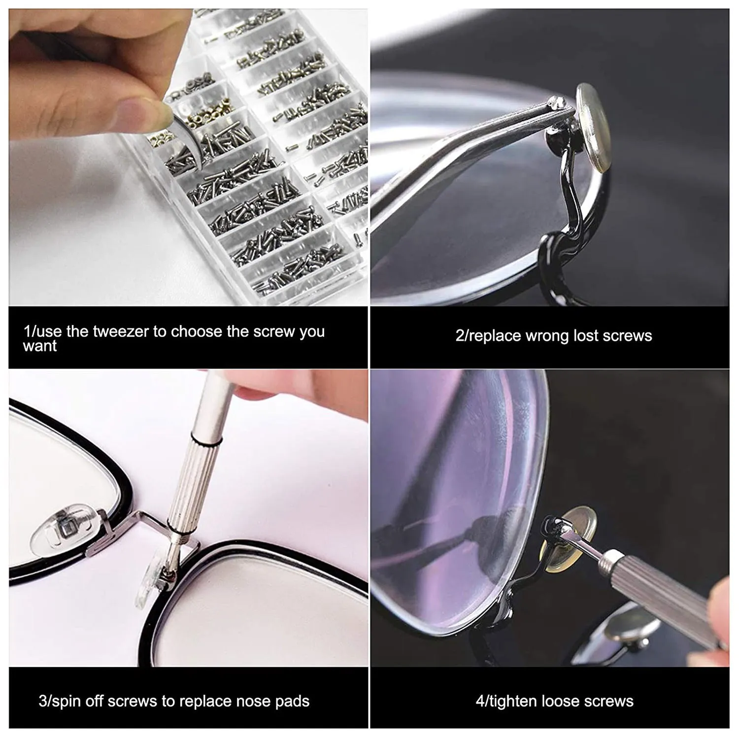 ABNH Glasses Repair Tool Kit 1000Pcs Glasses Screws and Nuts Assortment with Mini Screwdriver and Tweezer Screws Repair Kit