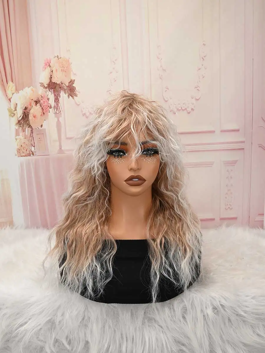 Blonde White Highlight Long Water Wave Curly Wig with Bangs, Natural Fluffy Heat Resistant Synthetic Wig for Daily Party Cosplay