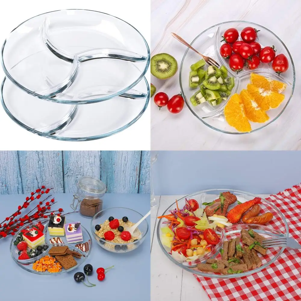 

round tempered glass serving platters/trays - 3 sectional -10'' diameter, set of 2
