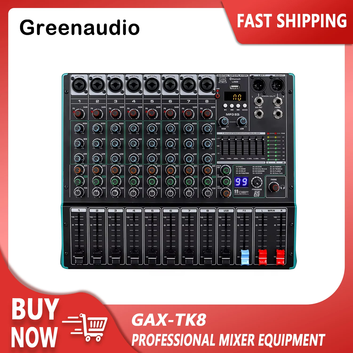 GAX-TK8 Compact 8 Channel Audio Mixer with USB/BT Input for Podcasting and Streaming