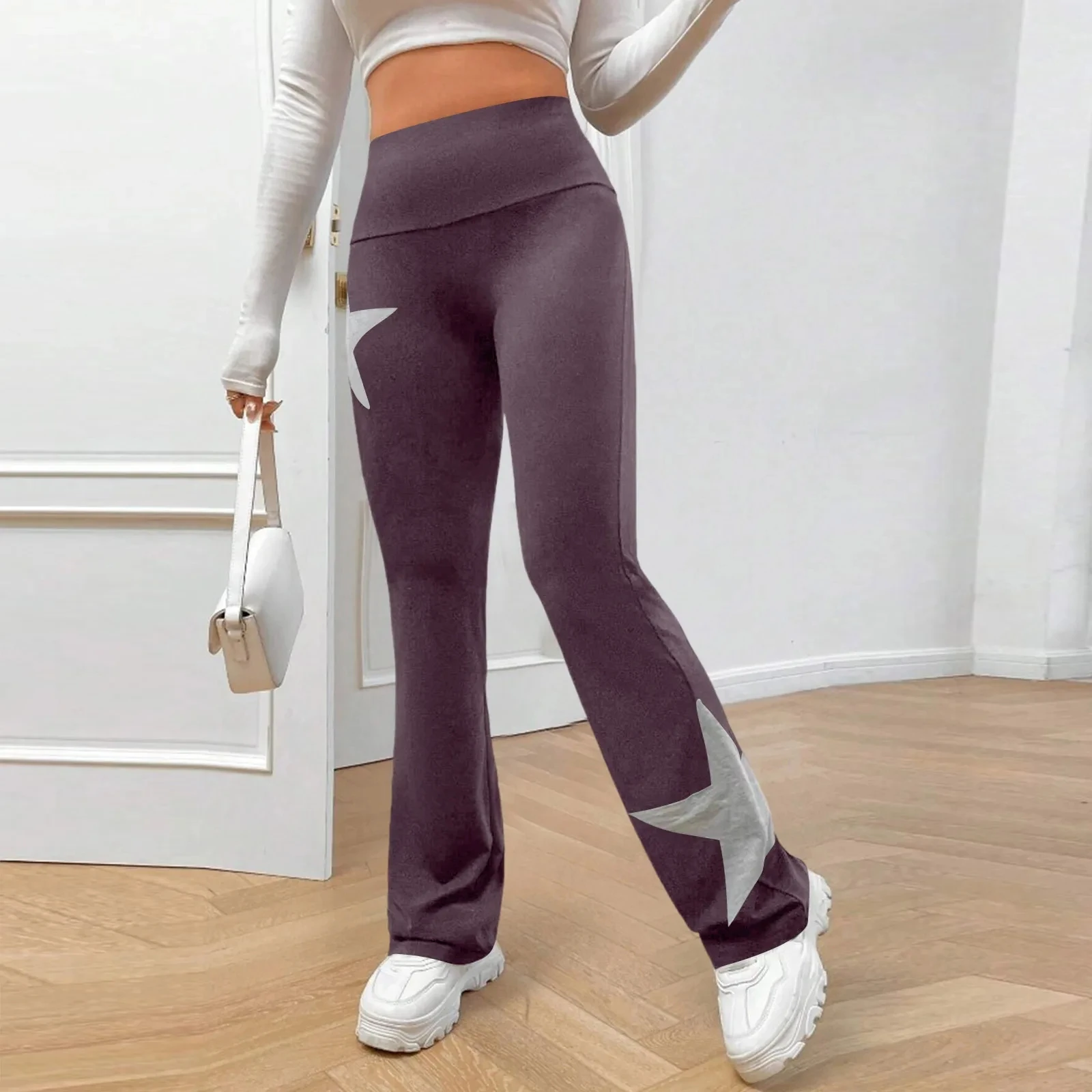 

Женские модные спортивные повседневные брюки, эластичные узкие брюки с высокой талией и пятиконечной звездой, слегка расклешенные брюки, американские брюки в стиле ретро