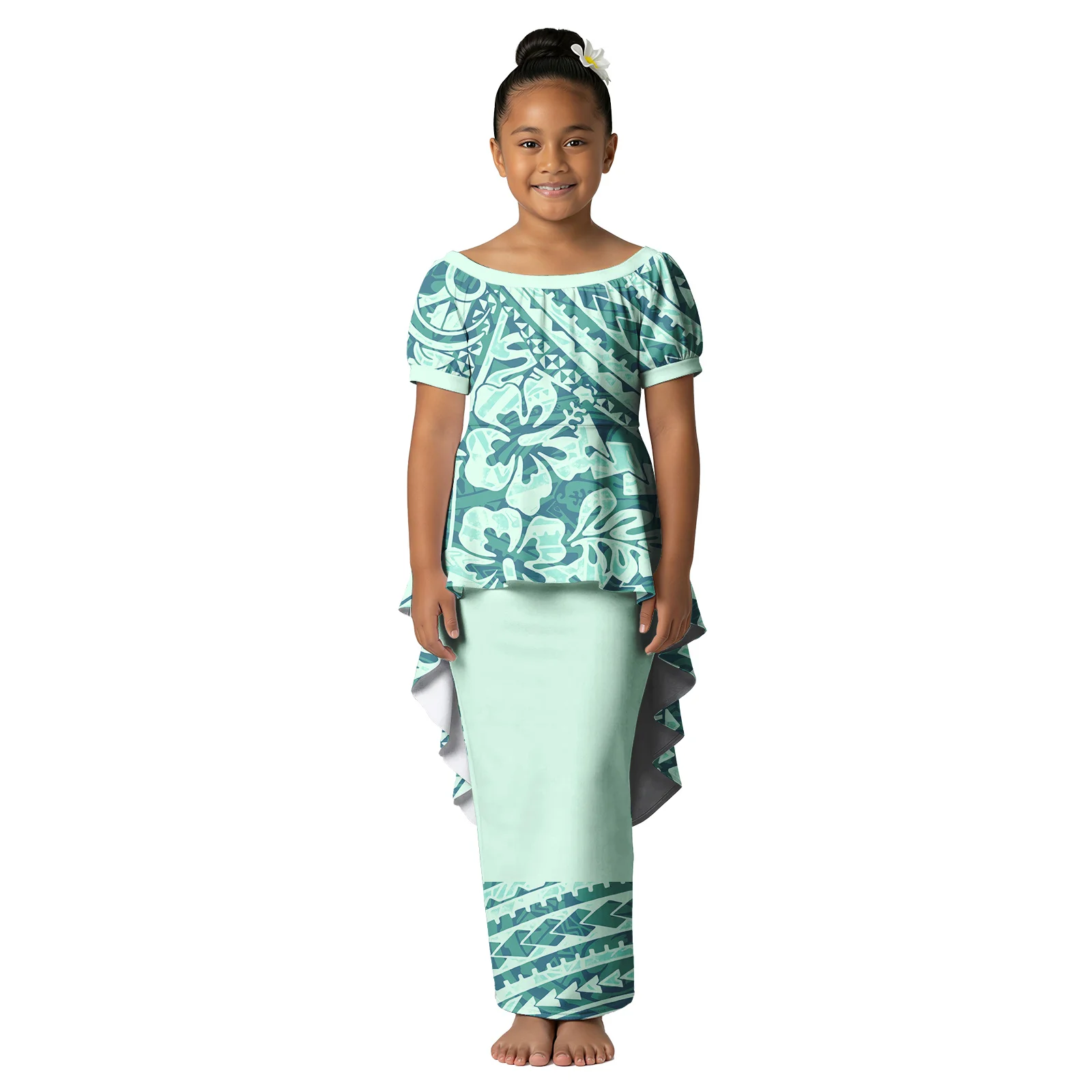 Vintage Style Custom Logo 2pcs Dresses Hawaiian Sweet Kids Clothes Polynesian Children Puletasi Set Samoan Girls Skirts Tribal