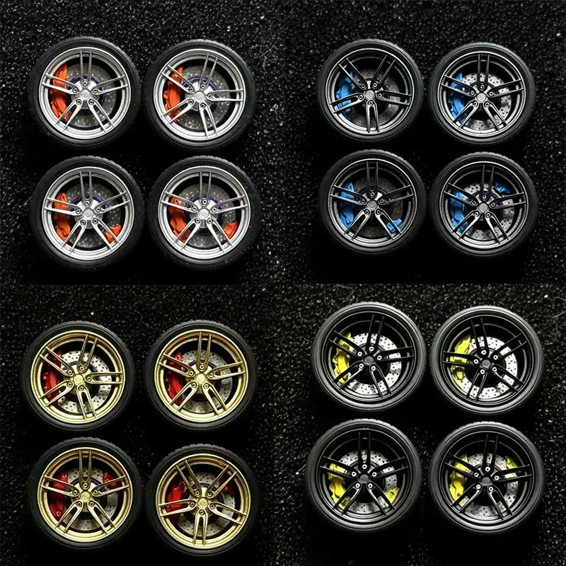 MT 10.8mm 1/64 Car Modified Wheels  Rubber Tires Metal Resin Wheels with Caliper Suitable for 1:64 Static Car Model Boy Gifts