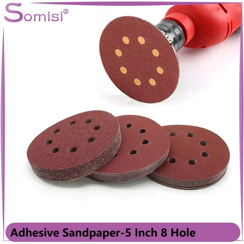 5/10/50/100Pcs 5 Inch 8 Hole Discs Sandpaper 125MM Brushed Piece Air Milled Flocking Sandpaper Self adhesive Polishing Kit