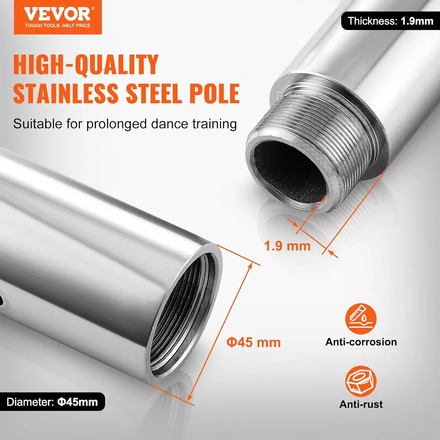 Professional Dancing Pole,Spinning Static Dancing Pole Kit,Portable Removable Pole, 45mm Heavy-Duty Stainless Steel Pole, Silver image 2