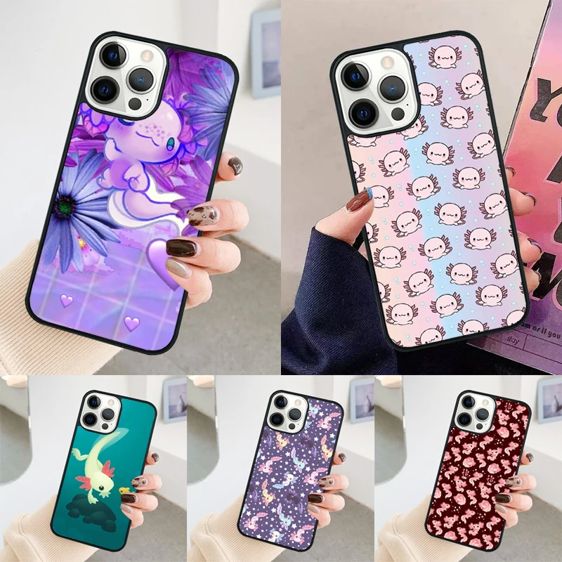 kawaii axolotl pattern phone case Cover For iPhone 14 15 16 Pro Max SE 2020 coque For apple 11 12 13 Pro Max Mini 7 8 Plus