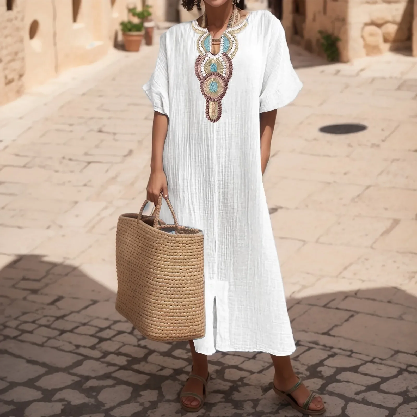 Boho Vintage Embroidered Cotton Linen Long Dress Women V Neck Split Maxi Party Dress 2023 Summer Short Sleeve Loose Beach Dress