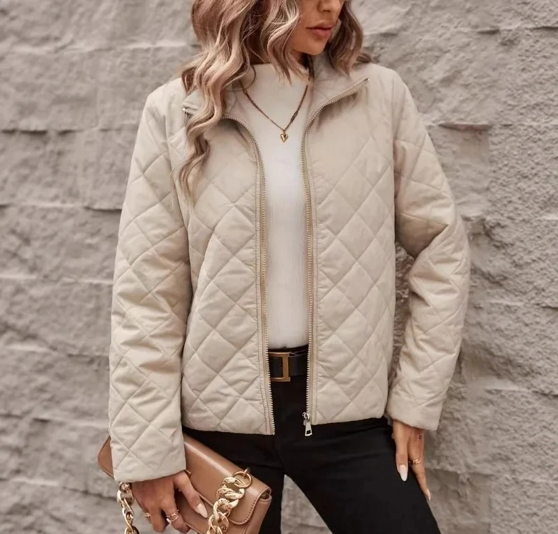 

New Autumn and Winter Solid Color Long-sleeved Lapel Diamond Quilted Elegant Loose Women's Warm Jacket Trendy