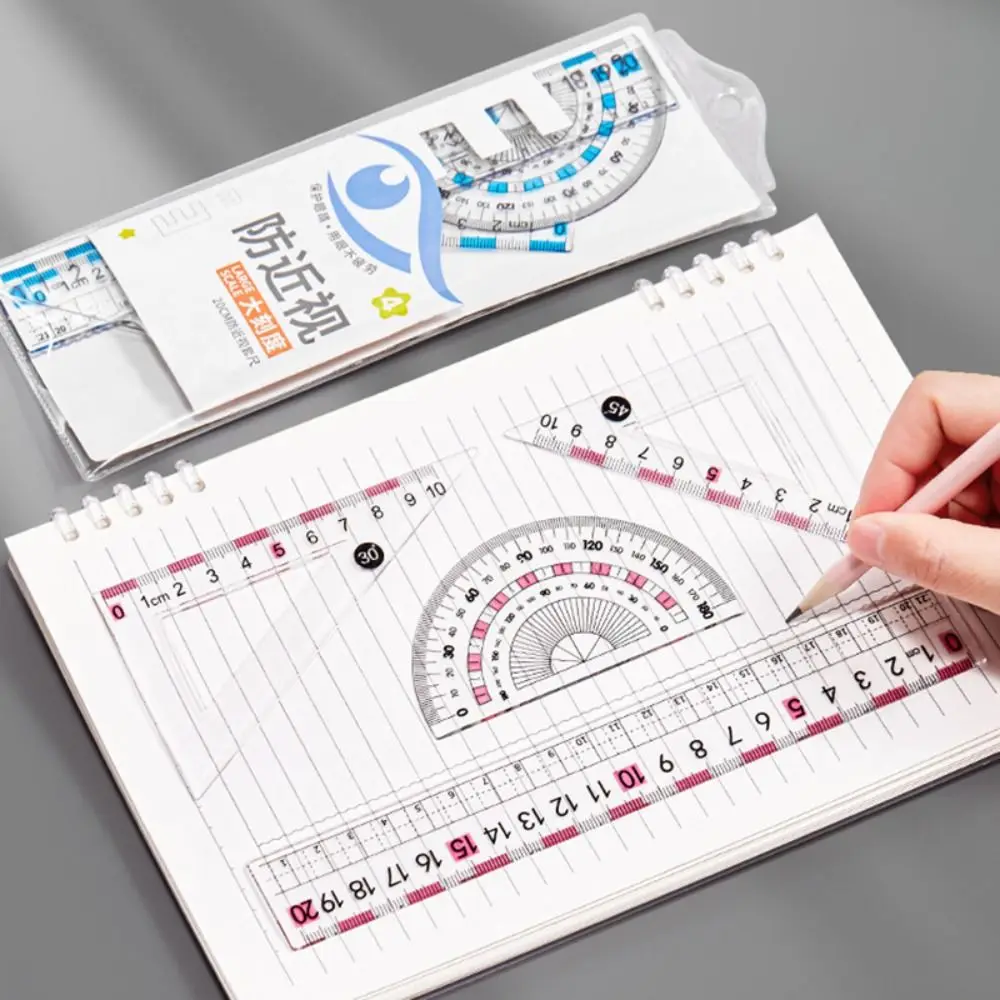 4pcs Multi-Function Eye Protection Ruler Set High Transparency Measuring Stationery Protractor Drawing Tool Set Square Gift