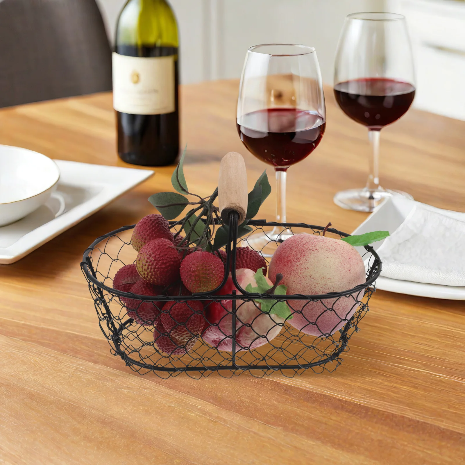 

Metal Egg Basket with Wooden Handle Rustic Farmhouse Kitchen Egg Holder Wire Collecting Basket Countertop Fruit Storage Vintage