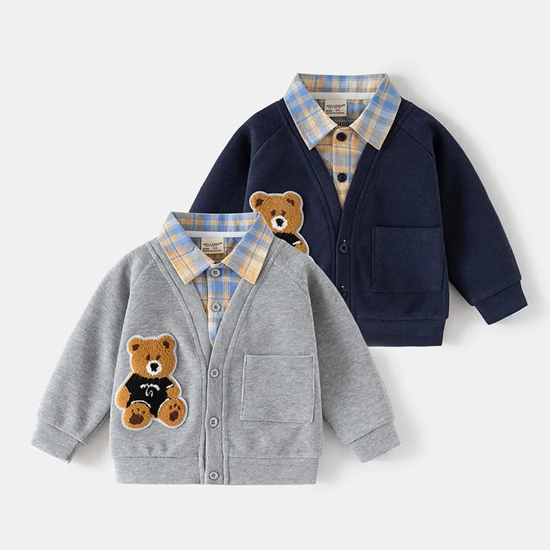 2-6 Years Kids Spring Autumn Fashion False 2-Piece Cardigan Girls Cartoon Bears Knitted Sweater Boys Casual Lapel Coat