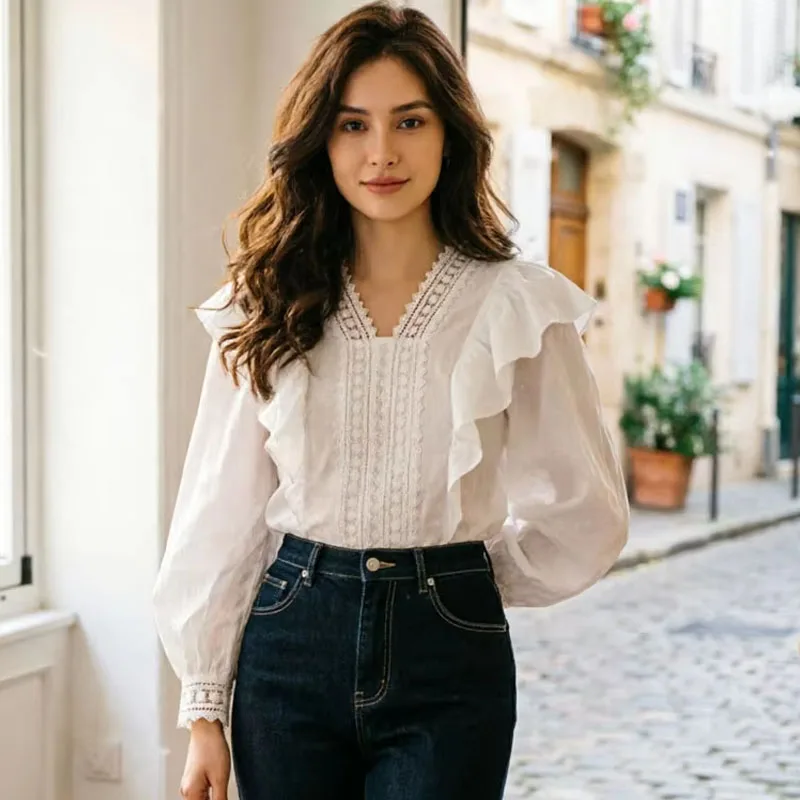 

Fashion Ruffled Shirt Elegant V-neck 2026 Loose Puff Long Sleeve Lace Blouse Women Spring Summer Sweet Korean Style Casual Tops