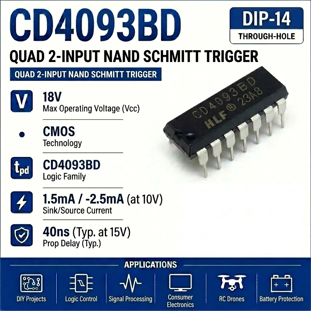 (10 pcs) CD4093BE DIP-14/CD4093BM SOP-14 CD4093 NAND Gate Quad 2-Input Schmitt Trigger 3V-18V