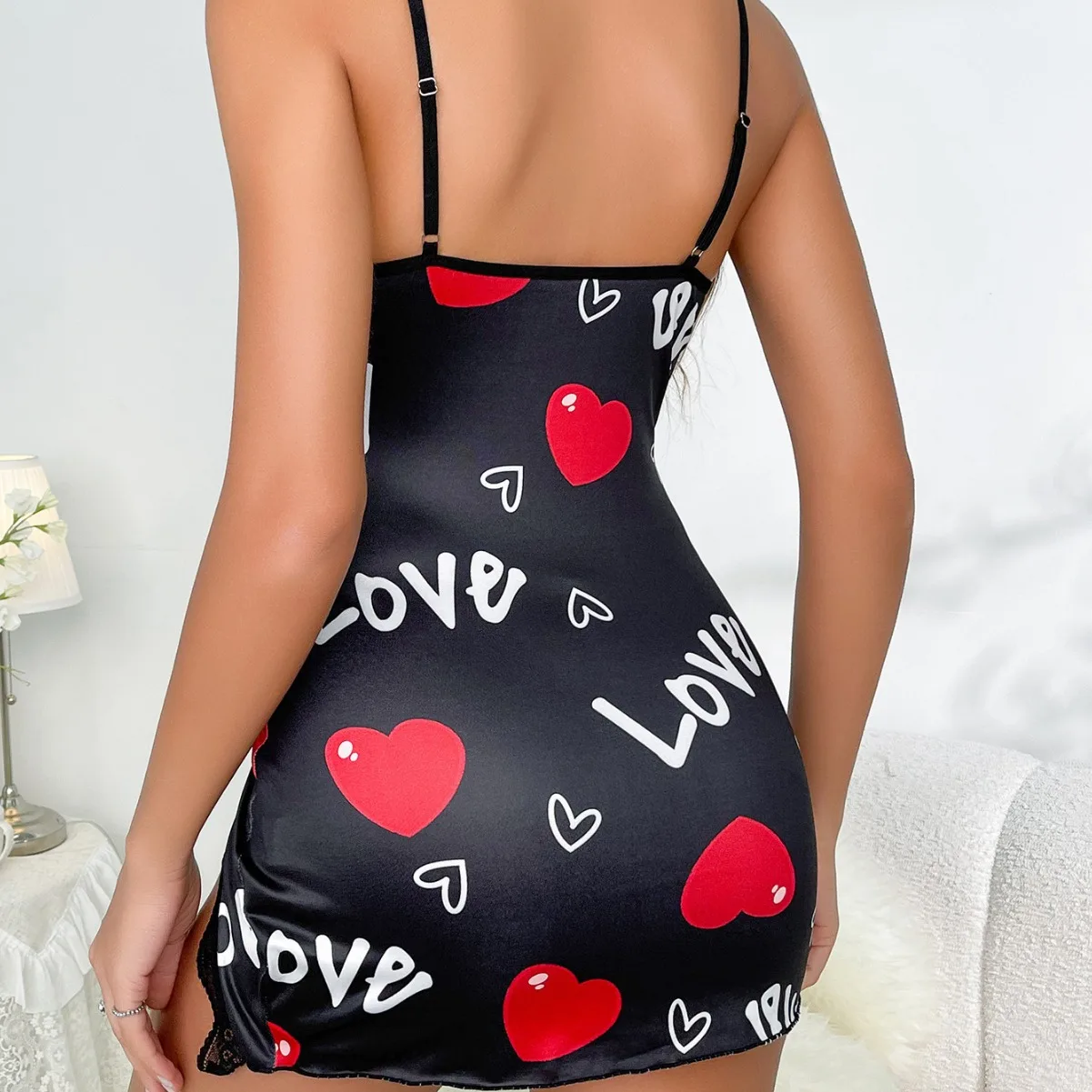 Sexy Heart & Letter Floral Slip Nightdress, Lace Trim Deep V Side Split Sleep Dress, Women's Sleepwear & Dresses