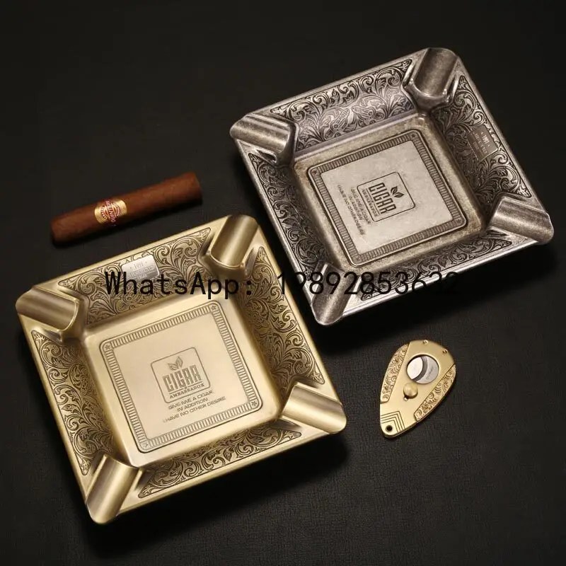 Cigar ashtray retro metal Tang grass deep carved bronze and silver