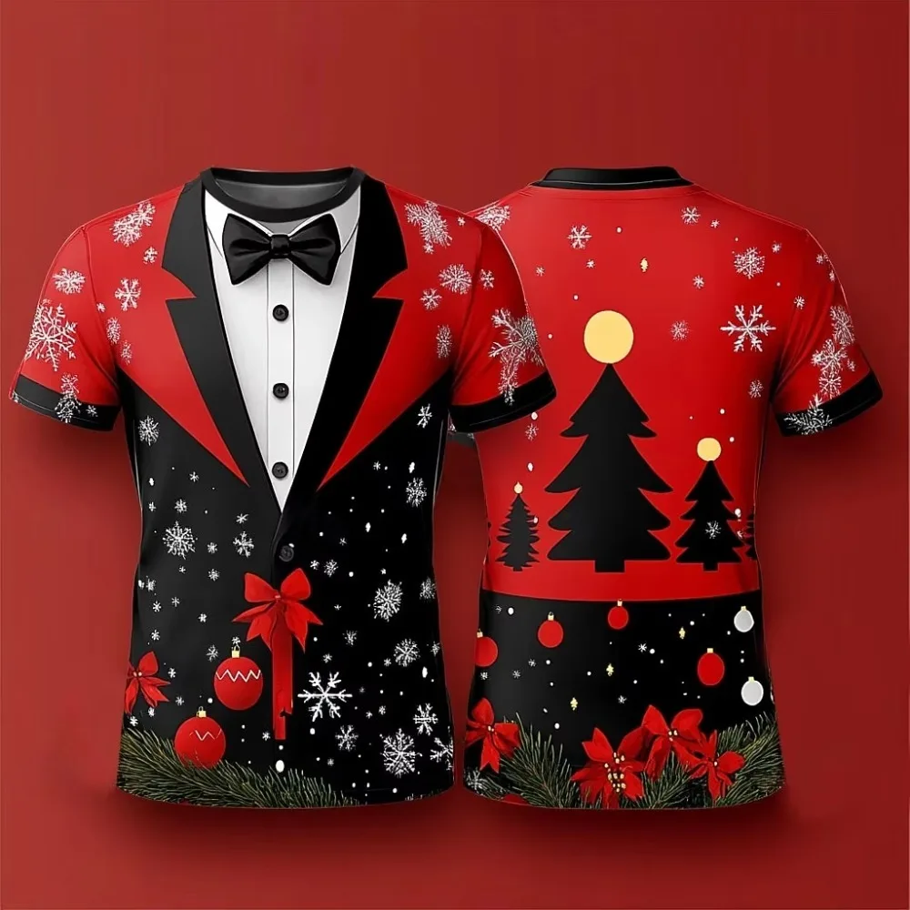 Men Christmas Fake Suit Tuxedo T Shirt 3D Print Bow Tie Snowflake Short Sleeve O-Neck Casual Tee Xmas Party Holiday Parent-child