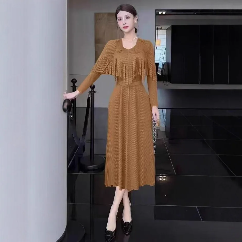 مياكي الأفريقي طيات فضفاضة فستان موضة مسمر الماس شرابة زهرة مزاجه فضفاض المرأة فستان طويل الخريف #4