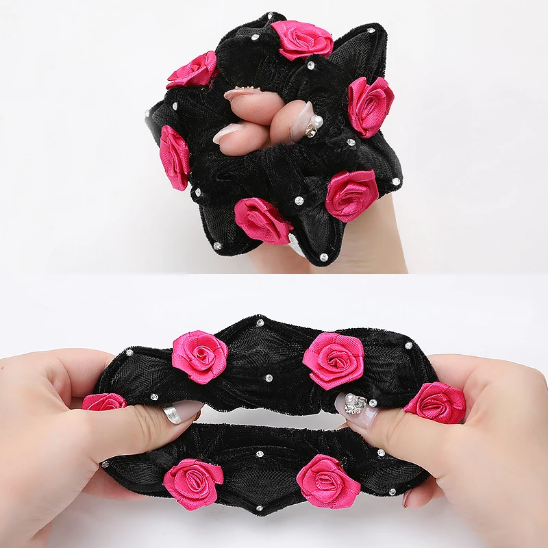 Fashion Chiffon Rose Hexagon Head Flower Rubber Band Hair Band Color with Diamond Velvet Hair Band Hair Band Hair Accessories