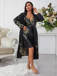 2 Pcs Lady Sexy Nightgown Satin Ice Cherry Printed Halter Pajamas Nightgown Robe V-Neck Women's Pajamas Loungewear Set