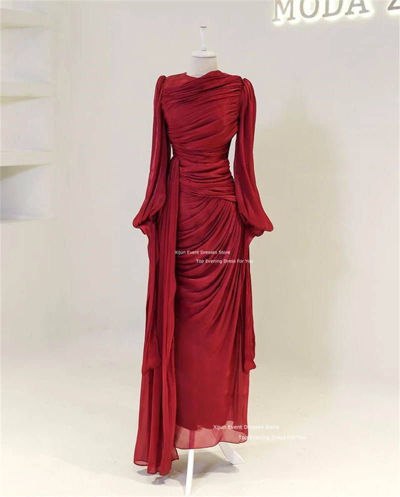 Xijun Modest Silk Satin Evening Dresses O-Neck  Moroccan Kaftan Long Sleeves Prom Dresses Pleats Prom Dresses Dubai Customized