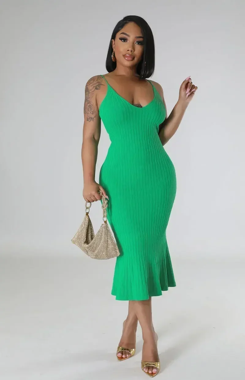 

GUWU Spaghetti Strap V-neck Knit Ribbed Mermaid Sleeveless Women Bodycon Dress 2024 Hollow Out Sexy Club Party Evening Dresses