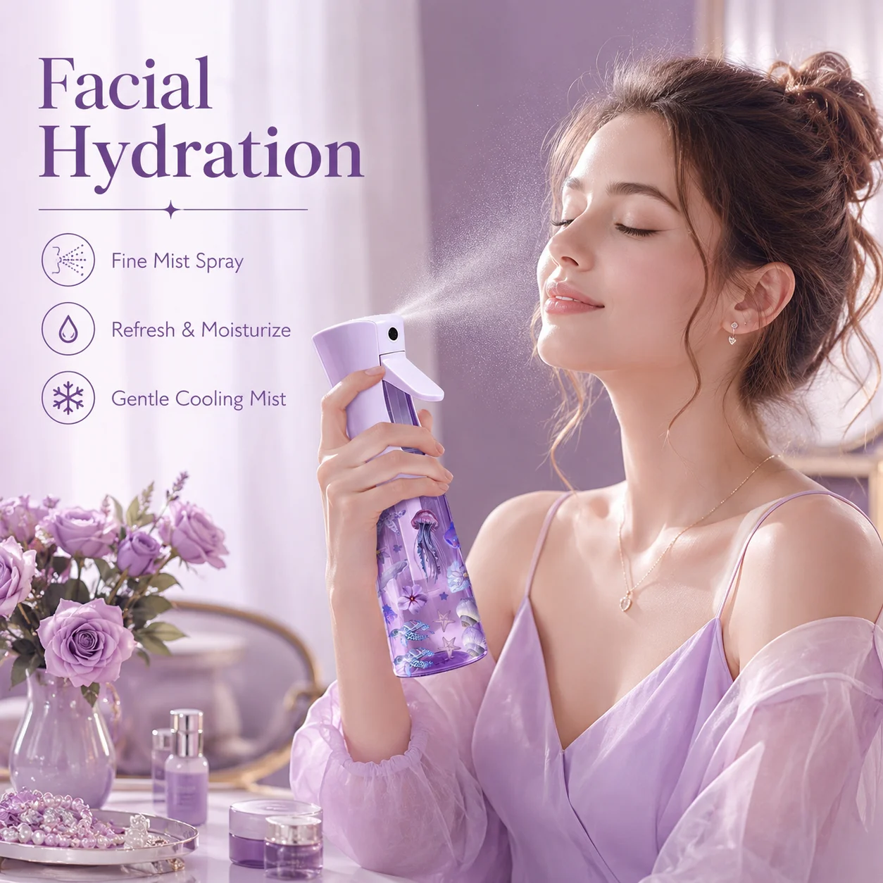 Lavender Ocean Continuous Mist Spray Bottle 200/300ML Refillable Fine Mist Water Sprayer for Hair Face Plants Home