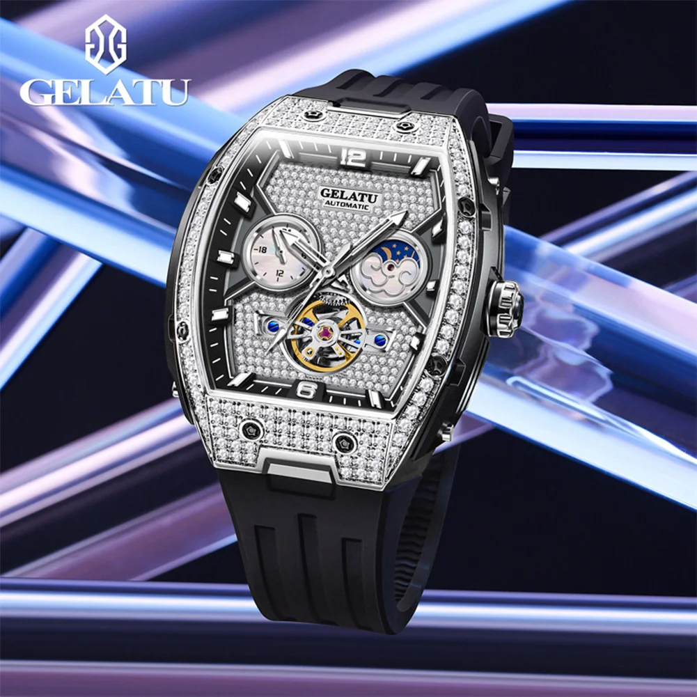 GELATU 6016 Big Dial Hollow Mechanical Couple Watch For Men Women Diamond Silicone Strap Automatic Wristwatch Waterproof Watch