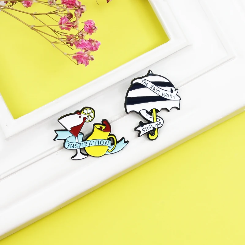 Umbrella Juice red wine Enamel Pin Coffee cup Banner The Rain Won't Stop Me,INSPRATION Brooch Badges Jewelry Black White stripe