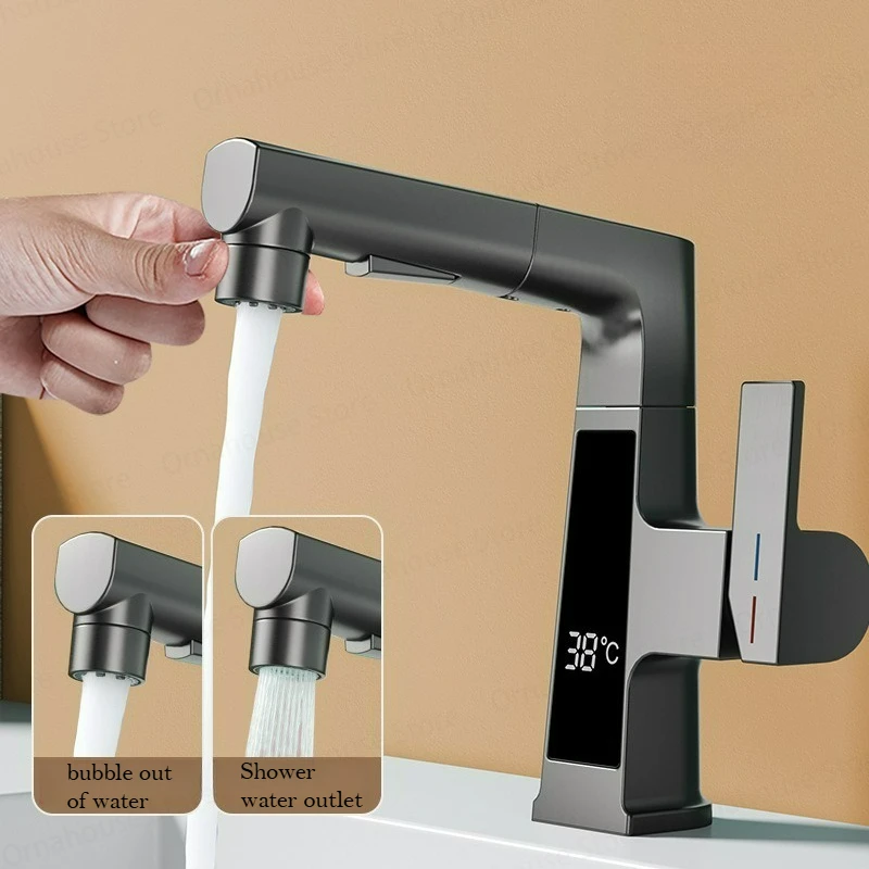 

Digital Display Faucet Pull Out Brass Washbasin Taps Rotating LiftingLifting Bathroom Cold and Hot Water Mixer Tap