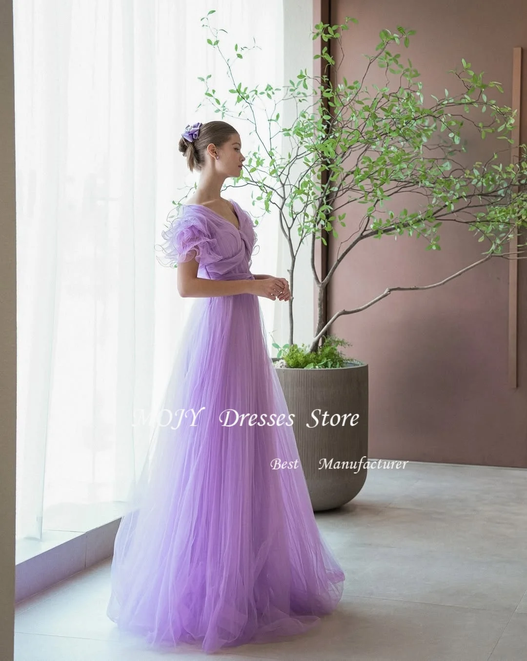 Mojy 보라색 웨딩 드레스 사진 촬영 오프 숄더 플리츠 A라인 튤 바닥 길이 신부 가운 맞춤 제작