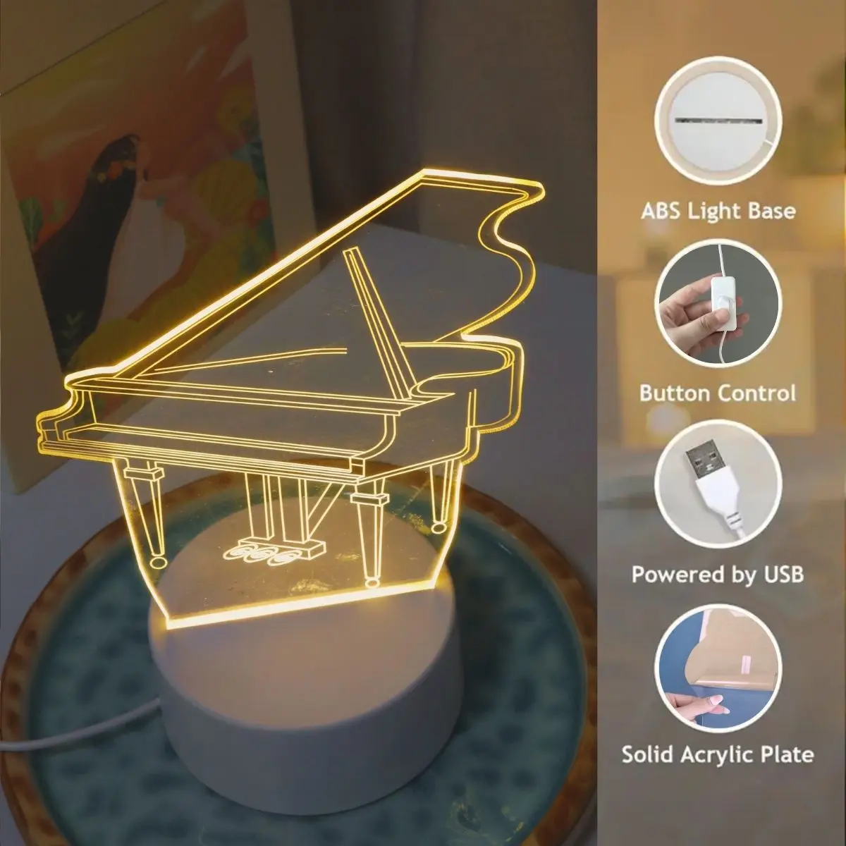 Piano 3D night light, bedroom and study atmosphere decoration USB warm color light, Thanksgiving, holiday gift for friends.