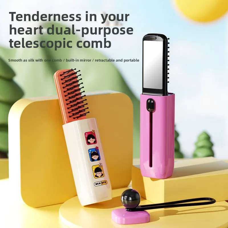 

Dopamine-style mini retractable portable comb - 2-in-1 with mirror, air cushion massage comb, on-the-go hair styling tool.
