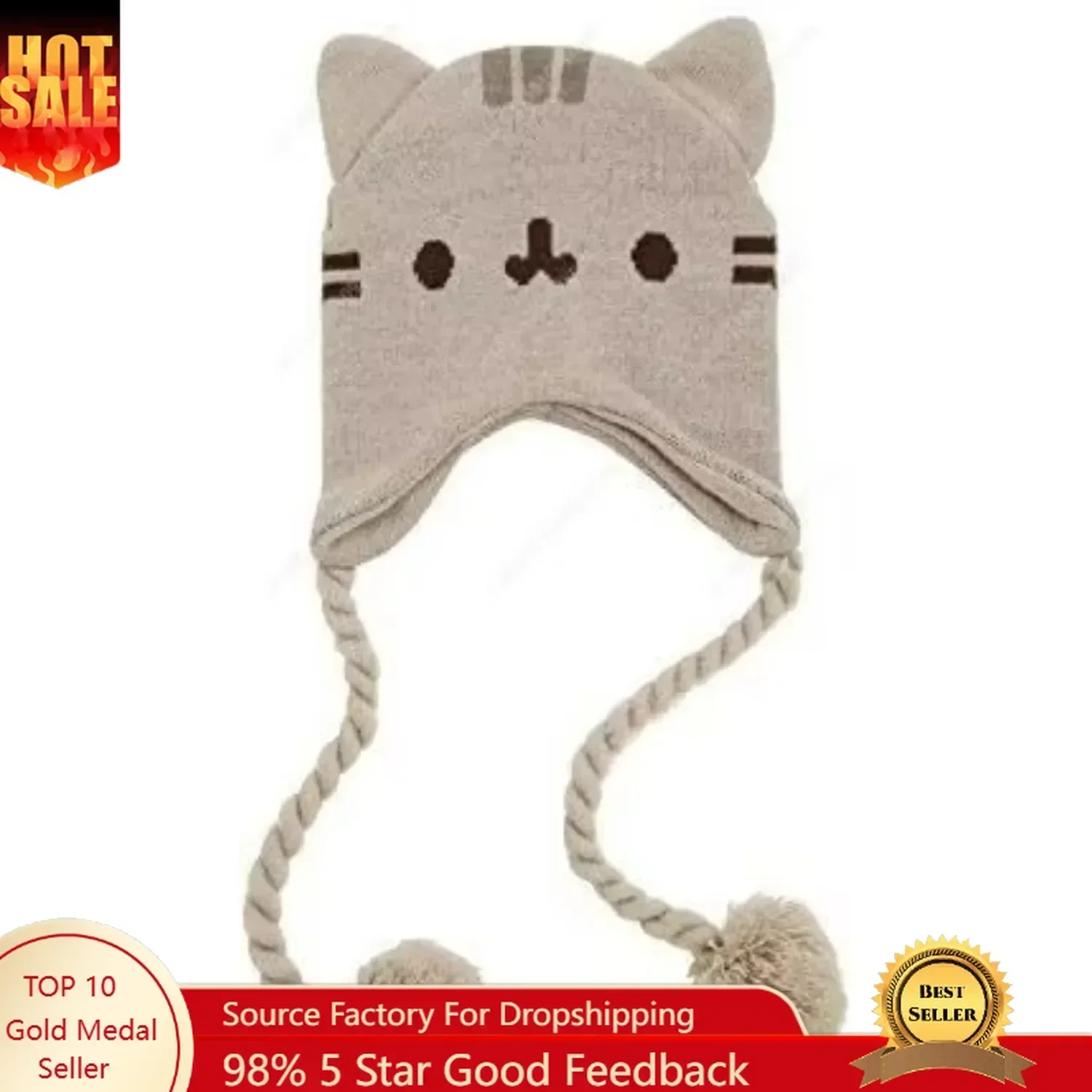 

Cat Face Ears Beanie Hat GreyTassels Man Women Knitted Hats Soft Comfortable Cute Fashion Outdoor Cap Unisex Fit Adjustable