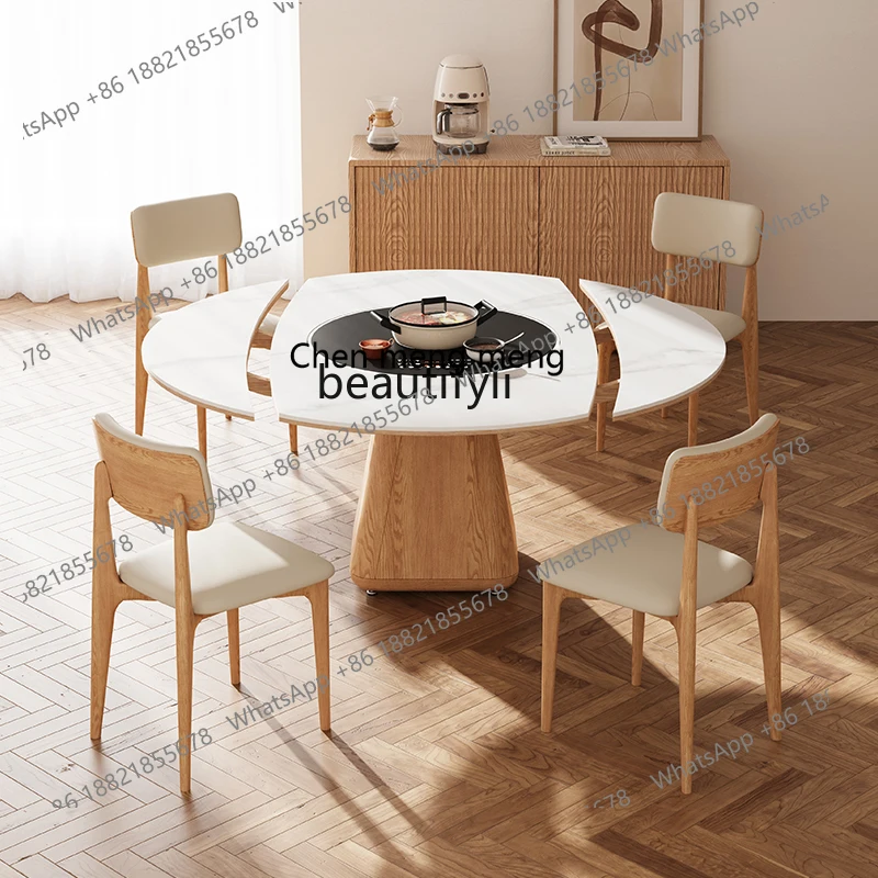 z183 Solid wood rock slab dining table with induction cooker folding telescopic square circle dual-purpose dining table and chai
